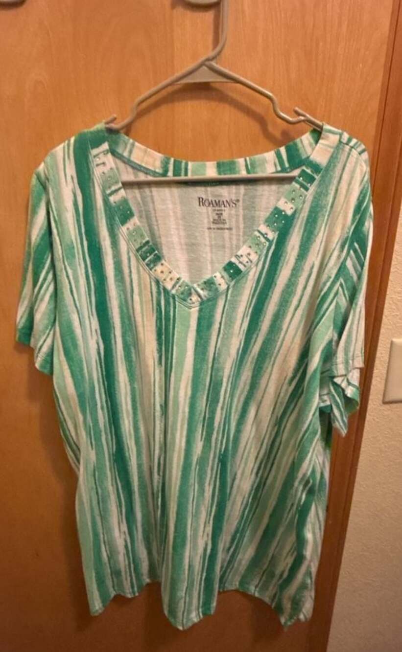 Roaman's Women's Green and White Watercolor Striped V-Neck Tunic Top with Rhines